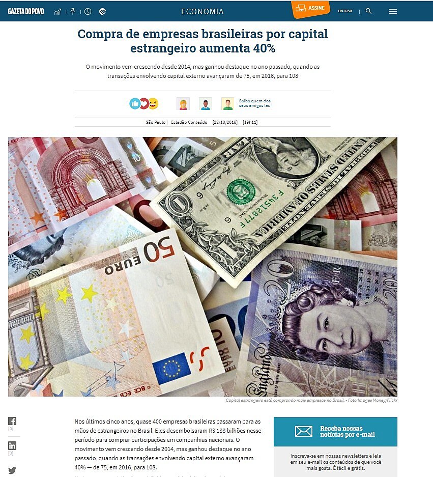 Compra de empresas brasileiras por capital estrangeiro aumenta 40%